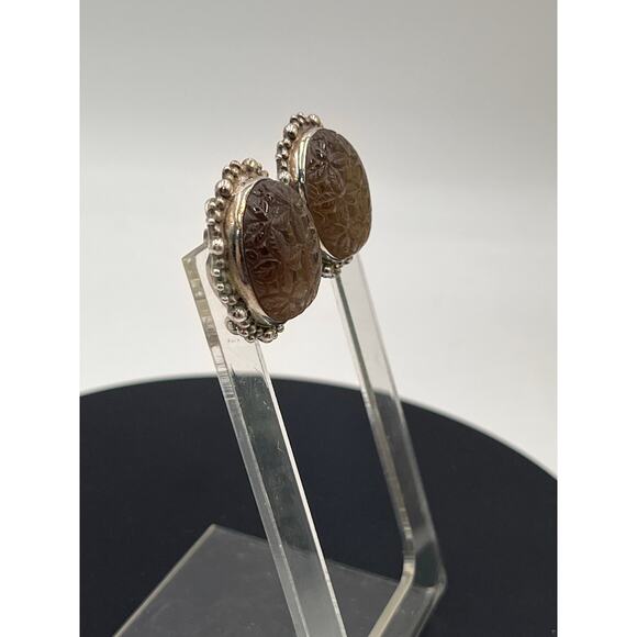 Stephen Dweck Designer Sterling Carved Smoky Quartz Oval Clip-On Floral Earrings - Picture 5 of 12
